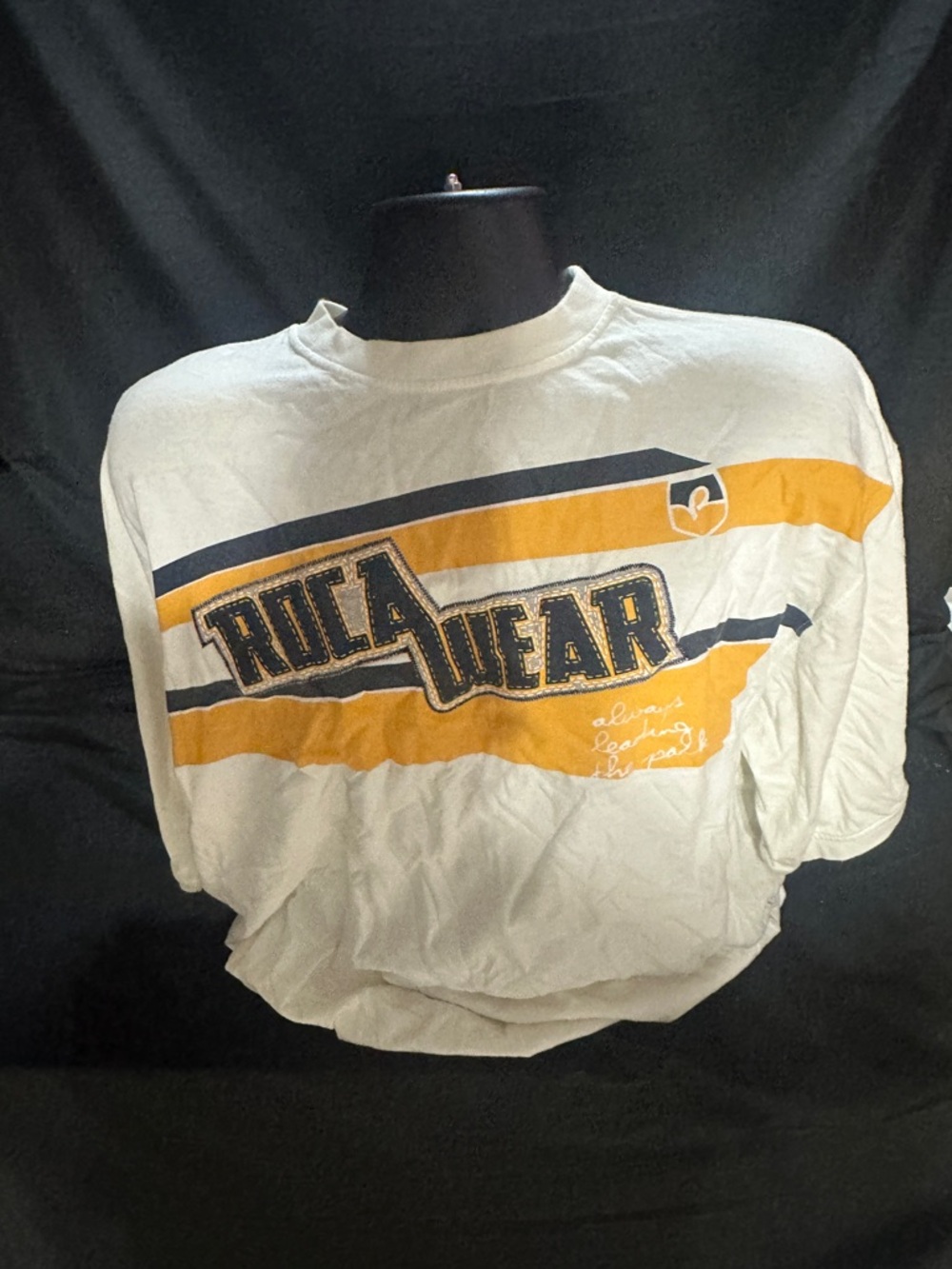 RocaWear White Graphic Tee with Yellow & Navy Stripes-retro Y2K-size XL-#565